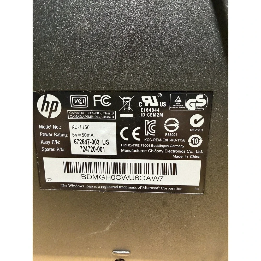 HP KU 1156 Wired USB Keyboard Black Full Size Standard Layout 